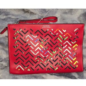 NWOT Lauren Ralph Lauren Red Laser Cut Geometric Floral Wristlet‎ Clutch